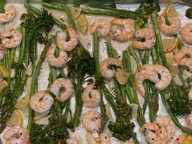 Baked Shrimp with Asparagus and Broccolini